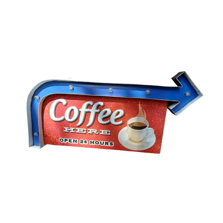 Placa de metal com luz coffee here - Imagem: 1