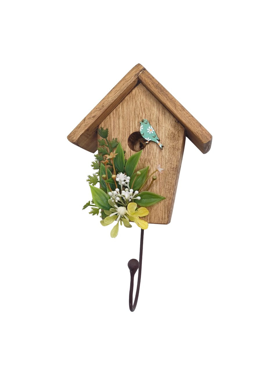 Casinha com gancho pássaro e flor amarela