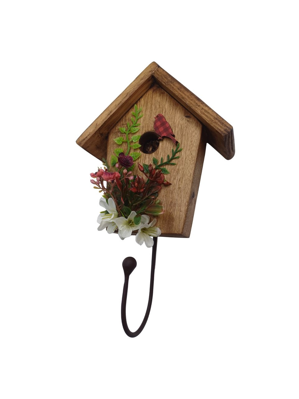 Casinha com gancho pássaro e flor bordô