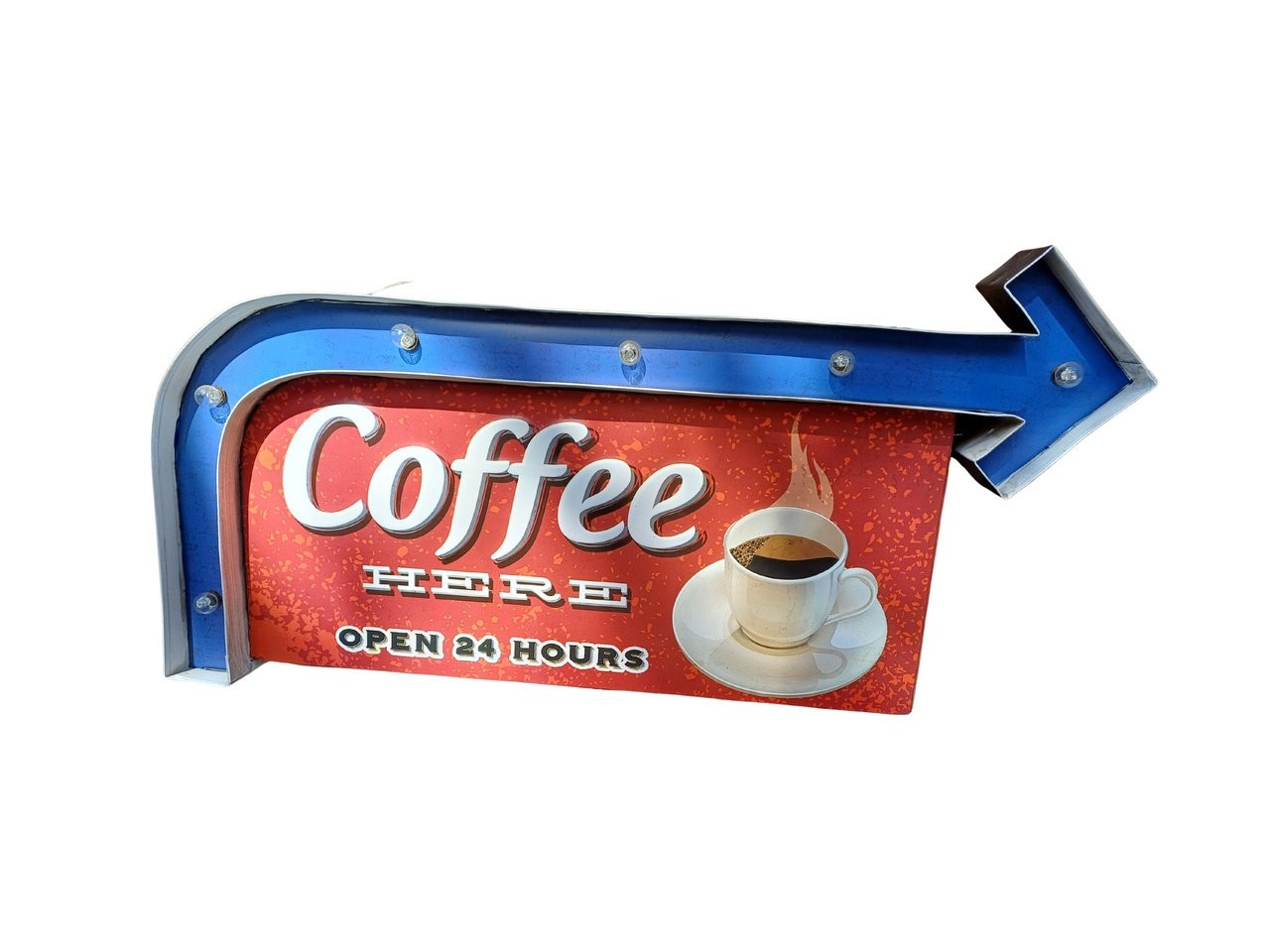 Placa de metal com luz coffee here