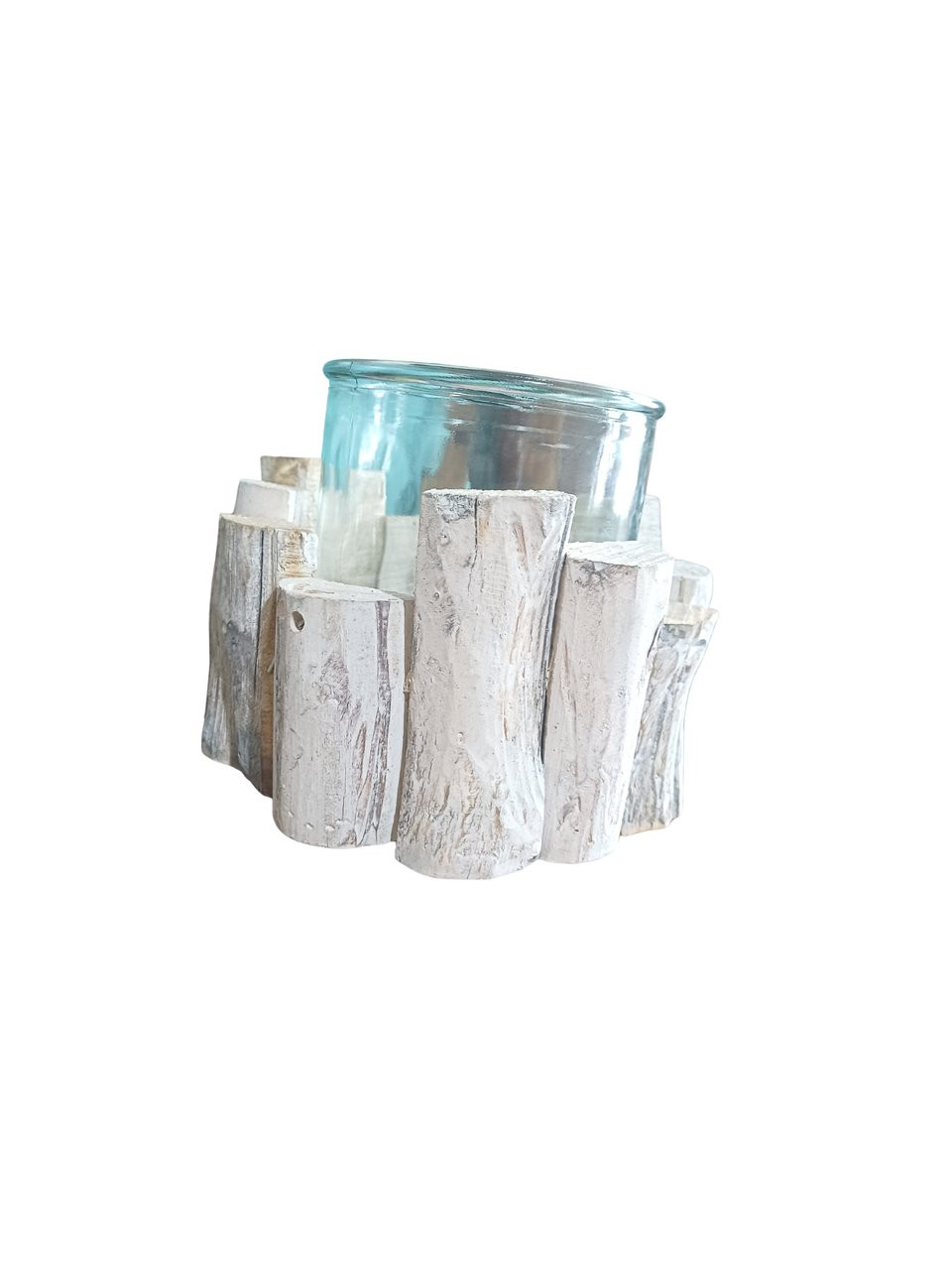 Vaso de vidro com suporte de madeira rustico