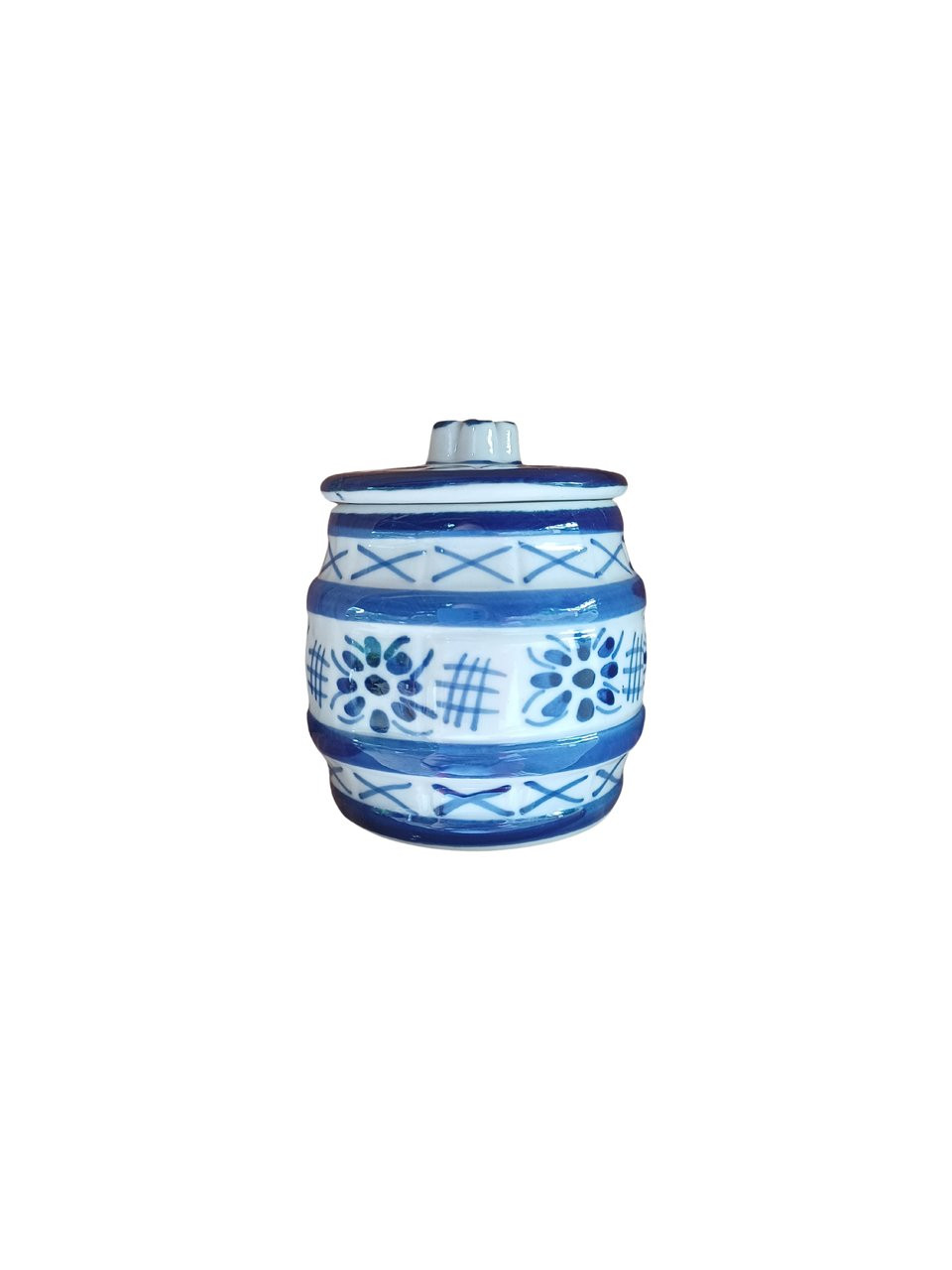 Pote com tampa azul e branco
