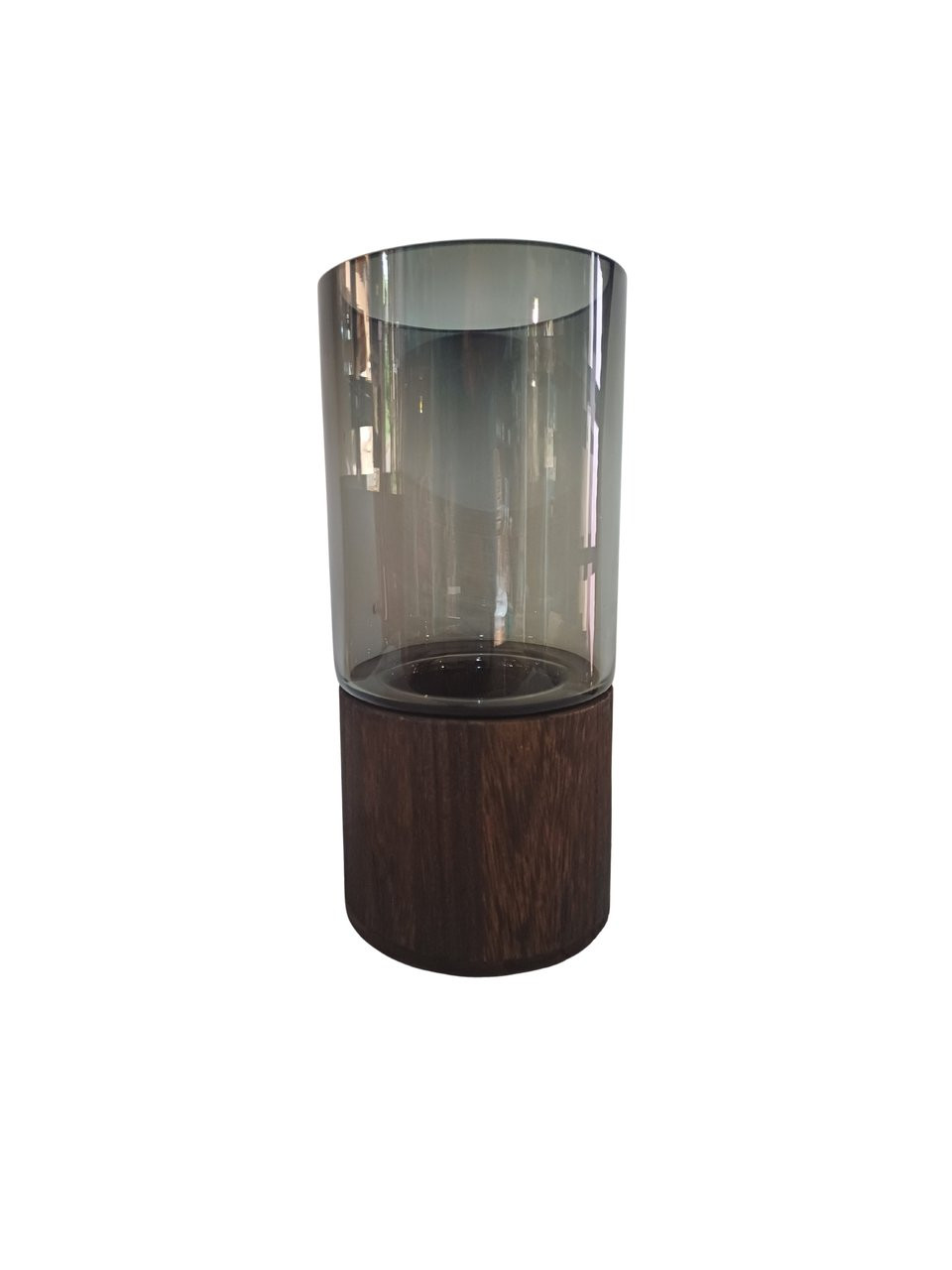Vaso M vidro com base em madeira